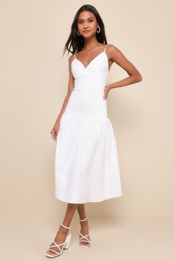 Serene Charm White Textured Embroidered Drop Waist Midi Dress