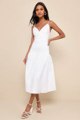 Serene Charm White Textured Embroidered Drop Waist Midi Dress