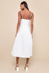 Serene Charm White Textured Embroidered Drop Waist Midi Dress