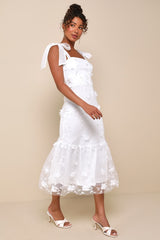 Divinely Adored White Embroidered Floral Tie-Strap Midi Dress
