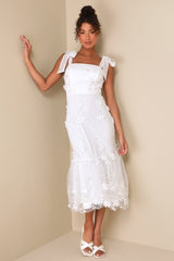 Divinely Adored White Embroidered Floral Tie-Strap Midi Dress