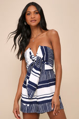 Delphi Blue and White Striped Tie-Front Strapless Romper