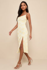Lovely Existence Light Yellow Embroidered Cowl Neck Midi Dress