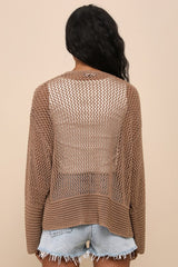 Effortless Finish Brown Sheer Loose-Knit Cardigan Sweater