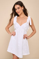 Precious Allure White Jacquard Tie-Strap Mini Dress