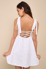 Precious Allure White Jacquard Tie-Strap Mini Dress