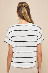 Laid-Back Perfection White Striped Knit Short Sleeve Top