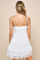 Angelic Approach White Chiffon Ruffled Tie-Strap Mini Dress