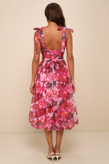 Flowering Day Dream Magenta Floral Organza Midi Bubble Dress