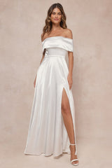 Greatest Hits White Satin Off-the-Shoulder Maxi Dress