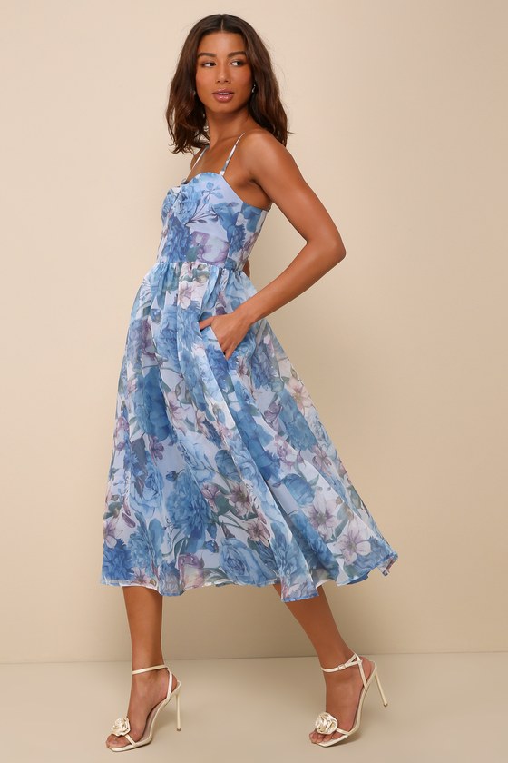 Cherished Aura Blue Multi Floral Organza Bustier Midi Dress