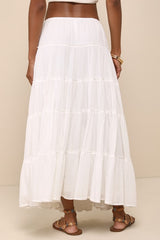 Relaxed Charm White Gauzy Tiered Drawstring Maxi Skirt