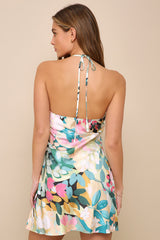 Elevated Effect Green Multi Floral Satin Halter Slip Mini Dress