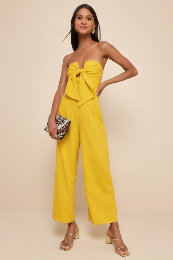 Sunshine Aura Mustard Yellow Tie-Front Strapless Jumpsuit