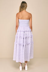 Beautiful Sentiments Lavender Floral Strapless Tiered Midi Dress