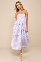 Beautiful Sentiments Lavender Floral Strapless Tiered Midi Dress