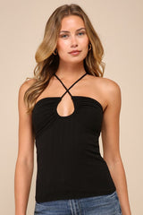 Summery Ideal Black Ribbed Cross-Front Cutout Halter Top