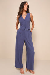 Suits You Perfectly Dark Blue Linen Wide-Leg Pants