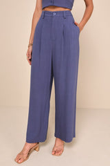 Suits You Perfectly Dark Blue Linen Wide-Leg Pants