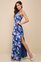 Wondrous Allure Navy Blue Floral Satin Backless Maxi Dress