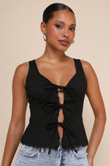 Sweetly Coy Black Sleeveless Bustier Tie-Front Top