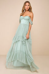 Stunning Personality Sage Green Mesh Off-the-Shoulder Maxi Dress