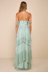 Stunning Personality Sage Green Mesh Off-the-Shoulder Maxi Dress