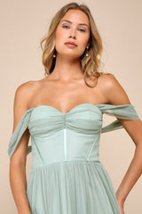 Stunning Personality Sage Green Mesh Off-the-Shoulder Maxi Dress