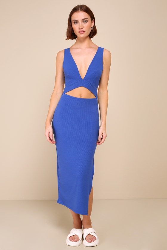 Divide and Contour Royal Blue Ribbed Cutout Bodycon Midi Dress