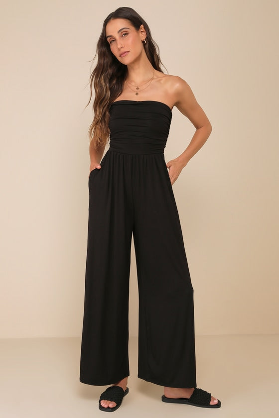 Flirty Posture Black Jersey Knit Strapless Jumpsuit