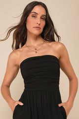 Flirty Posture Black Jersey Knit Strapless Jumpsuit