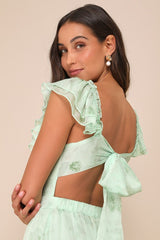 Loveliest Darling Light Green Floral Ruffled Tie-Back Midi Dress