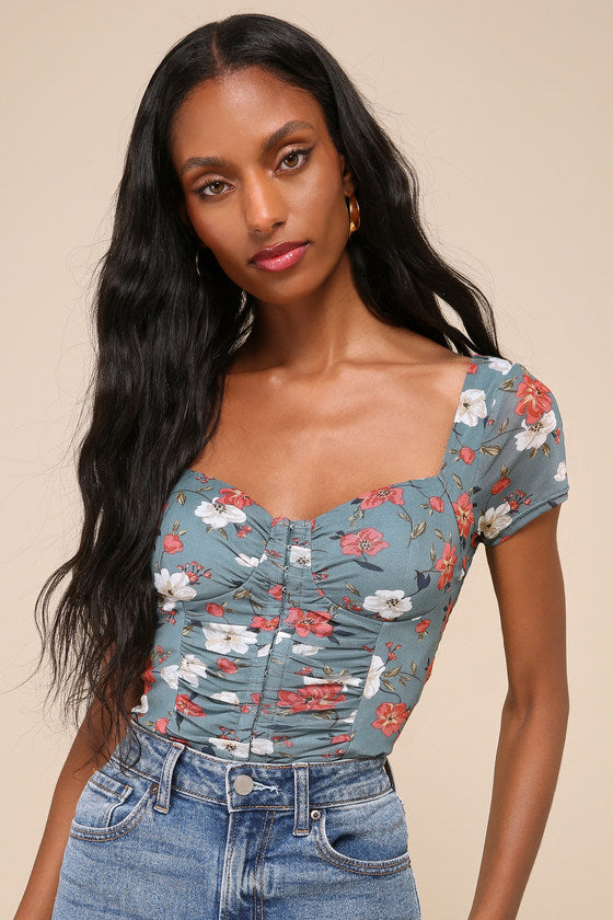 Sweeter Vibes Teal Floral Mesh Short Sleeve Bustier Crop Top