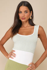 Easily Gorgeous Ivory and Sage Green Striped Midi Sweater Dress