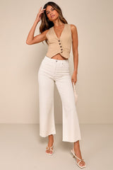 Stylish Promise Cream Wide-Leg Raw Hem Jeans
