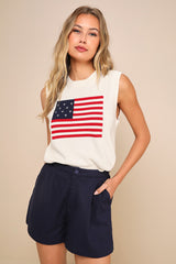 Stylish Liberty Ivory American Flag Knit Crew Neck Sweater Vest