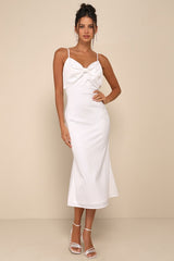 Extravagantly Sleek White Satin Sleeveless Bow Midi Dress