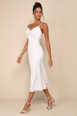 Extravagantly Sleek White Satin Sleeveless Bow Midi Dress