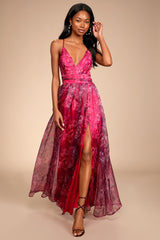 Romance That Wows Magenta Floral Print Organza Maxi Dress
