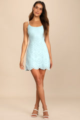 Modern Romantic Light Blue Eyelet Lace Mini Dress