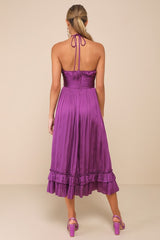 Pleasing Chicness Purple Satin Halter Tiered Midi Dress