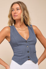 True Charm Dark Blue Textured Lace-Up Sleeveless Vest Top