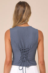 True Charm Dark Blue Textured Lace-Up Sleeveless Vest Top