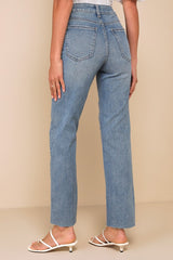 Enviable Aura Medium Wash High-Rise Raw Hem Straight Leg Jeans