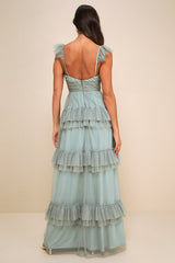 Pure Radiance Sage Brush Mesh Swiss Dot Tiered Maxi Dress