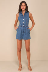 Irresistible Days Medium Wash Denim Collared Sleeveless Romper