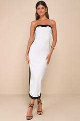 Impressive Edge White Color Block Strapless Midi Dress