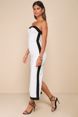 Impressive Edge White Color Block Strapless Midi Dress