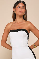 Impressive Edge White Color Block Strapless Midi Dress