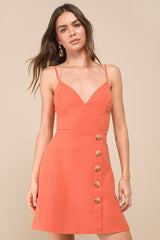 Sweet Breeze Orange Surplice Button-Front Mini Dress